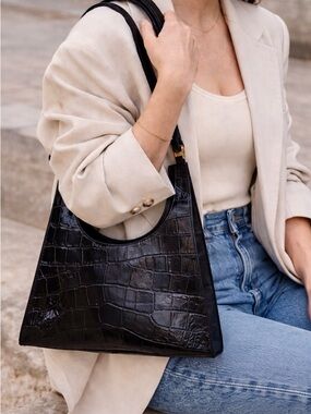 Staud Reya Black Croc Embossed Shoulder Bag | Minimal Sculpted Hobo